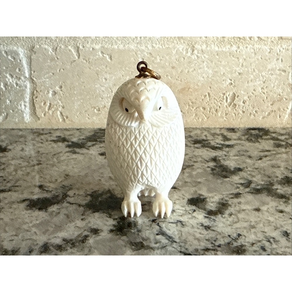 Vintage Hand Detailed Carved White Owl Pendant Charm Wise Owl Masterful Artisan